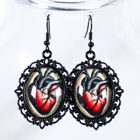 Gothic Anatomical Heart Cameo Earrings Victorian Romantic Jewelry - Picture 1 of 5